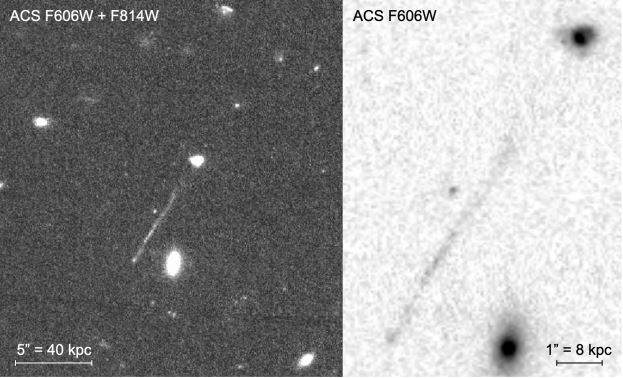 Esta imagen del telescopio espacial Hubble muestra una galaxia (mancha en la parte superior derecha) y un rayo de luz emergente (que se extiende hacia la parte inferior izquierda). (Pieter van Dokkum et al. / Cartas de revistas astrofísicas 2023)