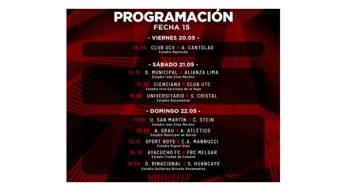 Programación de la fecha 15 del Torneo Apertura de la Liga 1