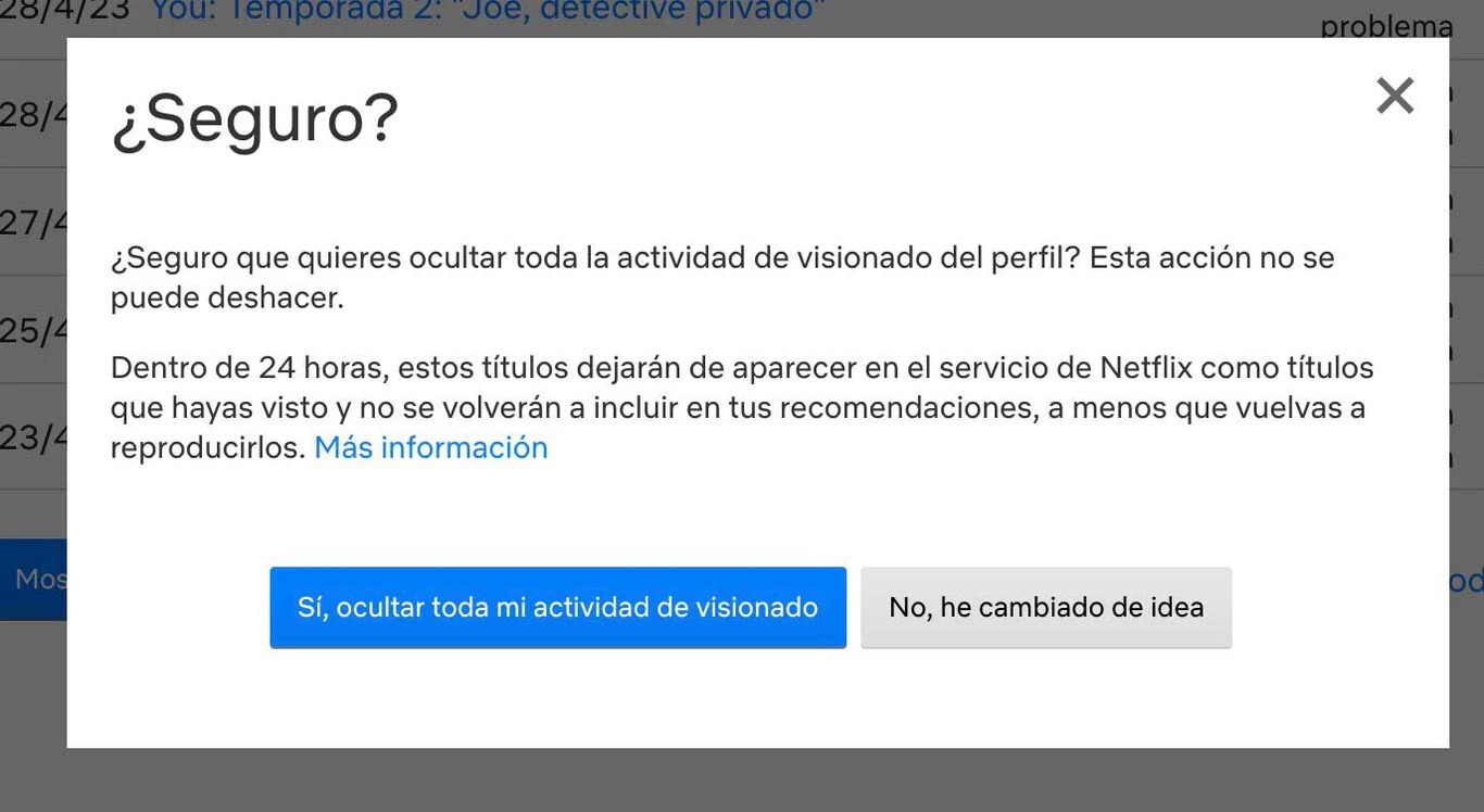 Borrar el historial de Netflix desde su página web. (Xataka)