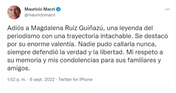 El expresidente Mauricio Macri despidió a Magdalena Ruiz Guiñazú