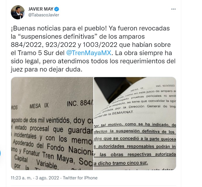 The head of the Fonatur celebrated the revocation of three definitive suspensions against Section 5 South of the Mayan Train (Photo: Twitter@TabascoJavier)