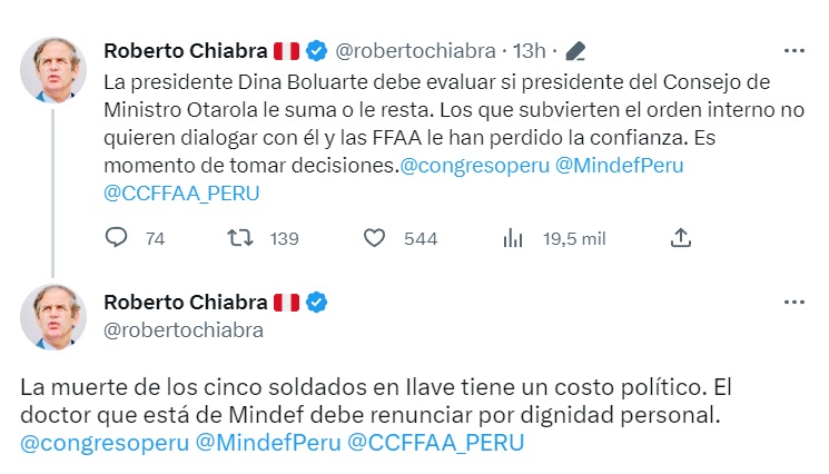 Tuits del congresista Roberto Chiabra.