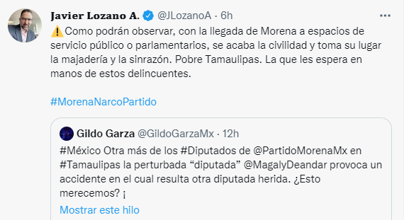 Lozano  dijo sentir pena por lo que le espera a Tamaulipas y sus ciudadanos con el gobierno del morenista Américo Villarreal (Foto: Twitter/@JLozanoA)
