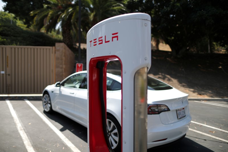 A Tesla SuperCharger station is seen in Los Angeles, California, United States, July 9, 2020.  REUTERS/Lucy Nicholson/File