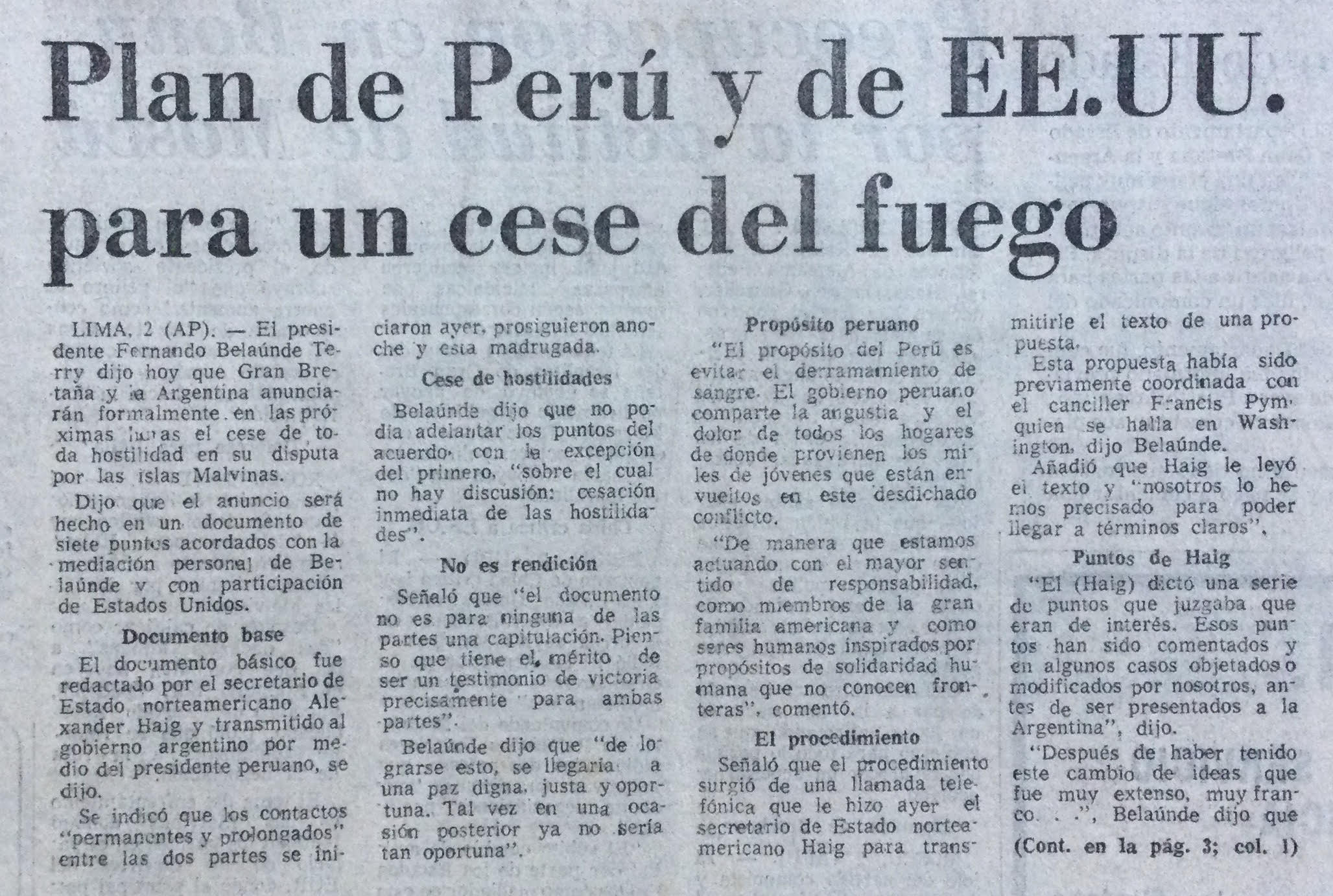 La mediación peruana era noticia. Hasta el ataque al crucero General Belgrano, Belaunde Terry no había perdido las esperanzas (Diario La Nación del 2 de mayo de 1982)