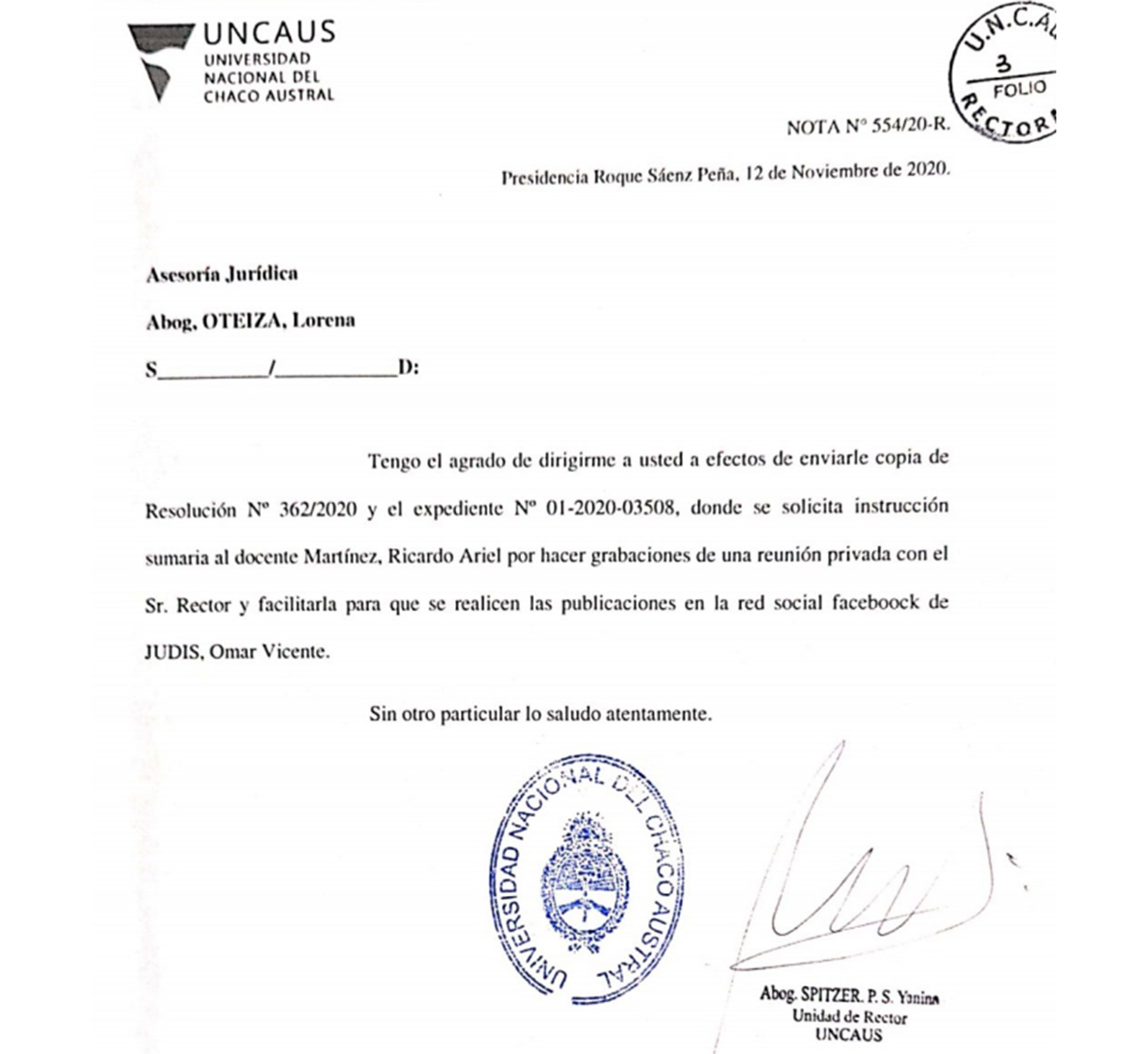 Las razones por las que el rector Oestmann le abrió un sumario administrativo a uno de sus denunciantes, Ariel Martínez