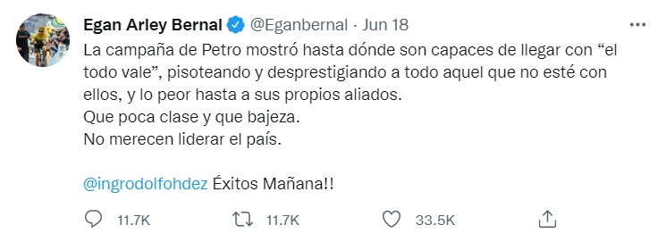 Trino de Egan Bernal en respaldo a Rodolfo Hernández. FOTO: Twitter.