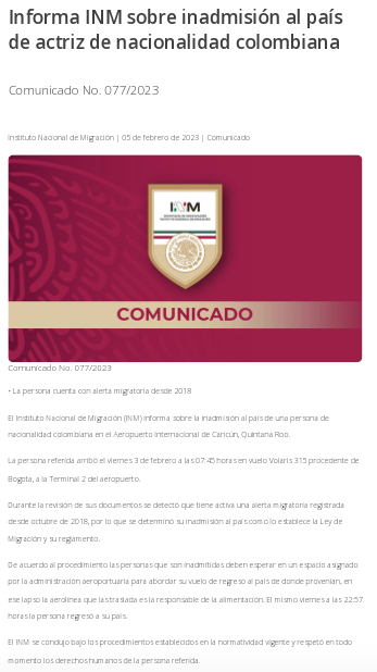 Comunicado Oficial Instituto Nacional de Migración de México, sobre la deportación de Nina Caicedo. Captura de pantalla INM