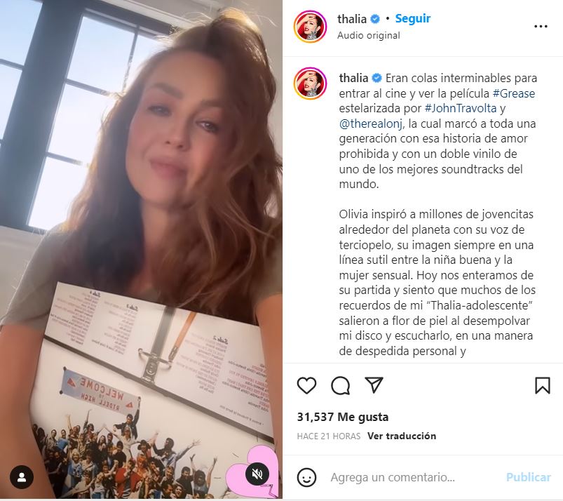 Con lágrimas en los ojos, Thalía cantó una parte de "Dedicado a ti desesperadamente" Fire Olivia (Captura de pantalla: Instagram/@thalia)