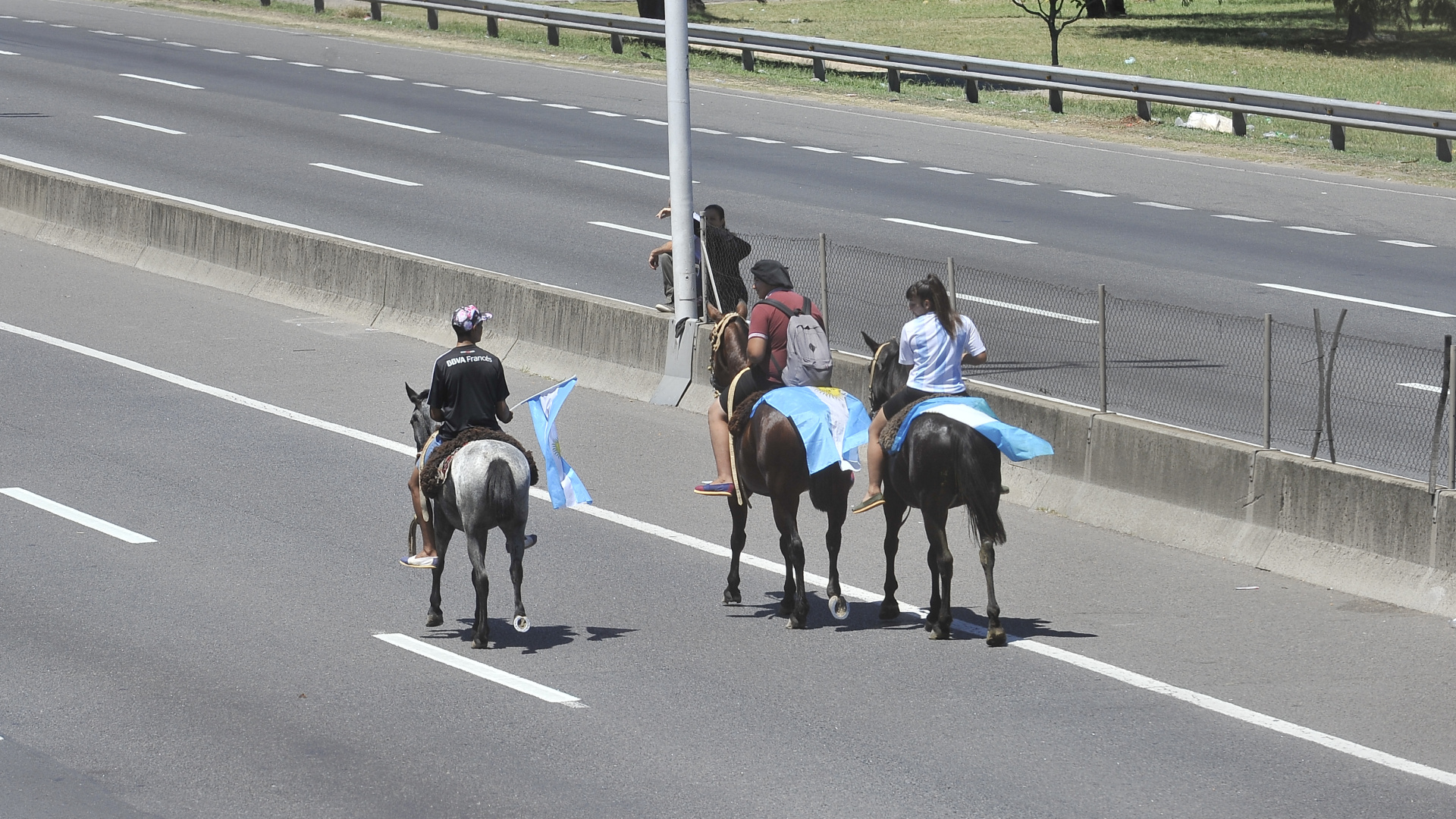 Llegar hasta la Selección de cualquier manera. Un grupo de hinchas a caballo en la autopista para esperar el paso del omnibus que transporta al equipo nacional (Gustavo Gavotti)