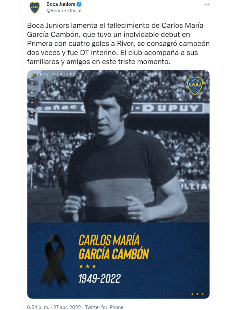 El comunicado de Boca Juniors con el que anuncia la muerte de Carlos María García Cambón.