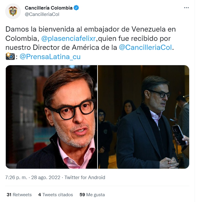 A través de Twitter, la Cancillería de Colombia indicó la llegada del embajador de Venezuela en este país, Félix Plasencia.
FOTO: vía Twitter (@CancilleriaCol)