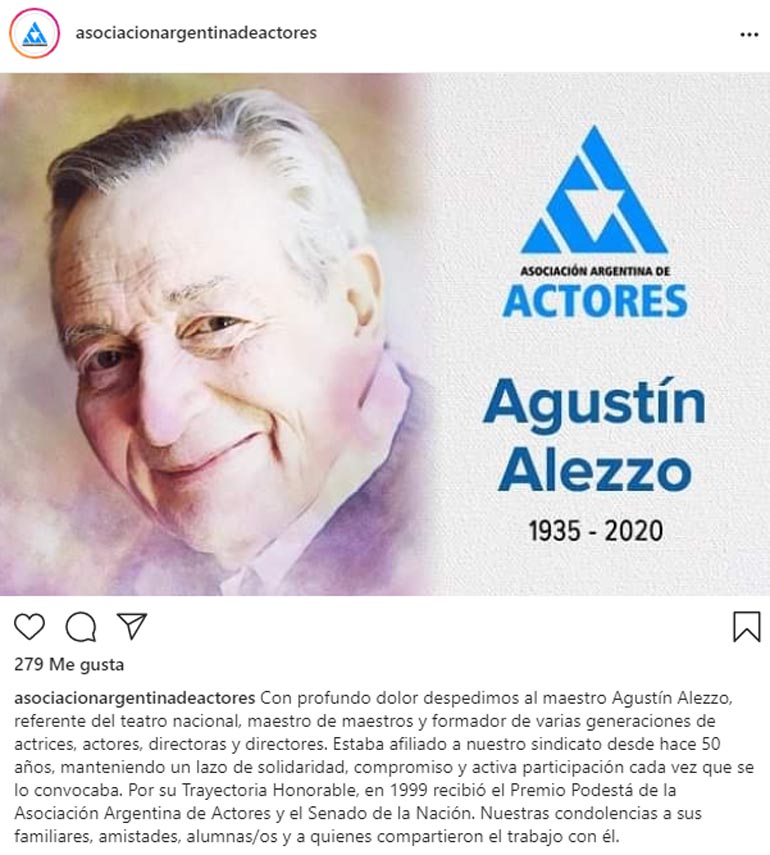 El mensaje de la Asociación Argentina de Actores en Homenaje a Agustín Alezzo