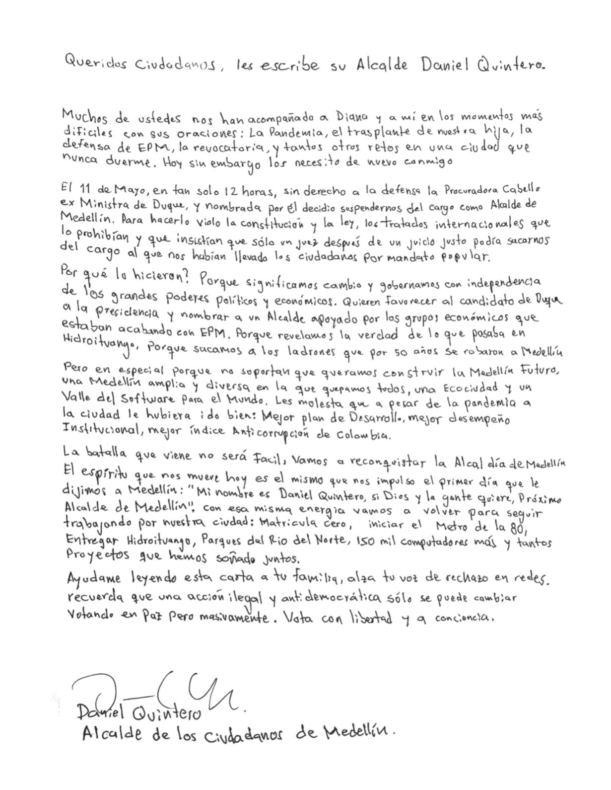 Carta que el alcalde suspendido está entregando a los ciudadanos de Medellín.