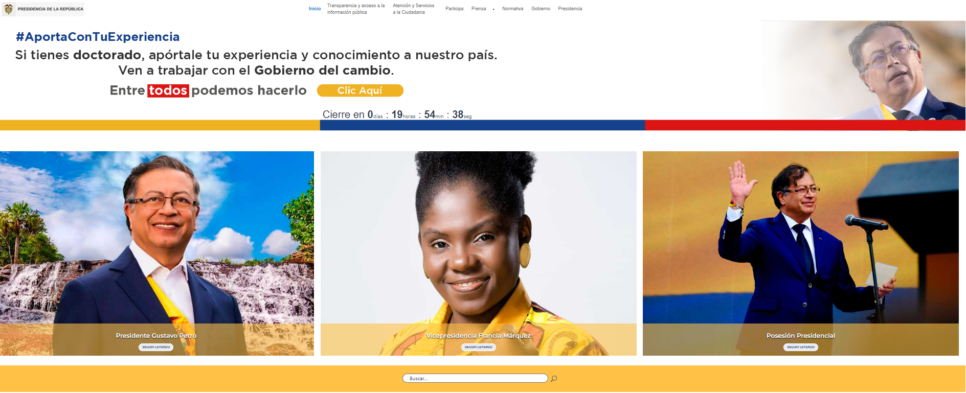 Current landing page of the Colombian Presidency