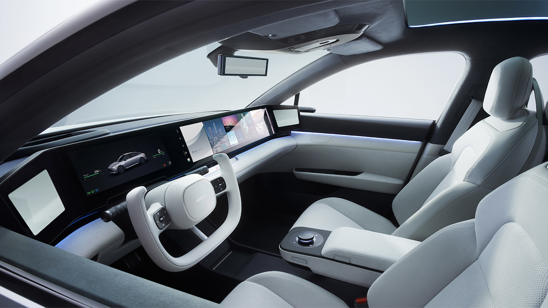 Las pantallas para todos los ocupantes del auto son una de las características del AFEELA EV