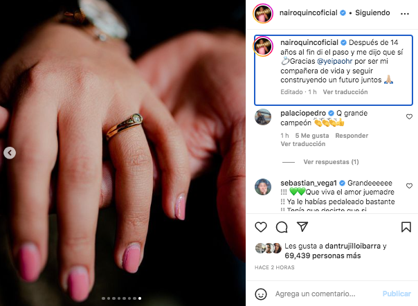 Nairo Quintana presentó el anillo de compromiso que le entregó a su pareja, después de 14 años de novios. Tomada de Instagram @nairoquintanaoficial