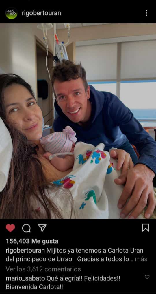 Rigoberto Uran anunció la llegada de Carlota, su hija, a través de emotiva publicación de Instagram.
Crédito: rigobertouran en Instagram