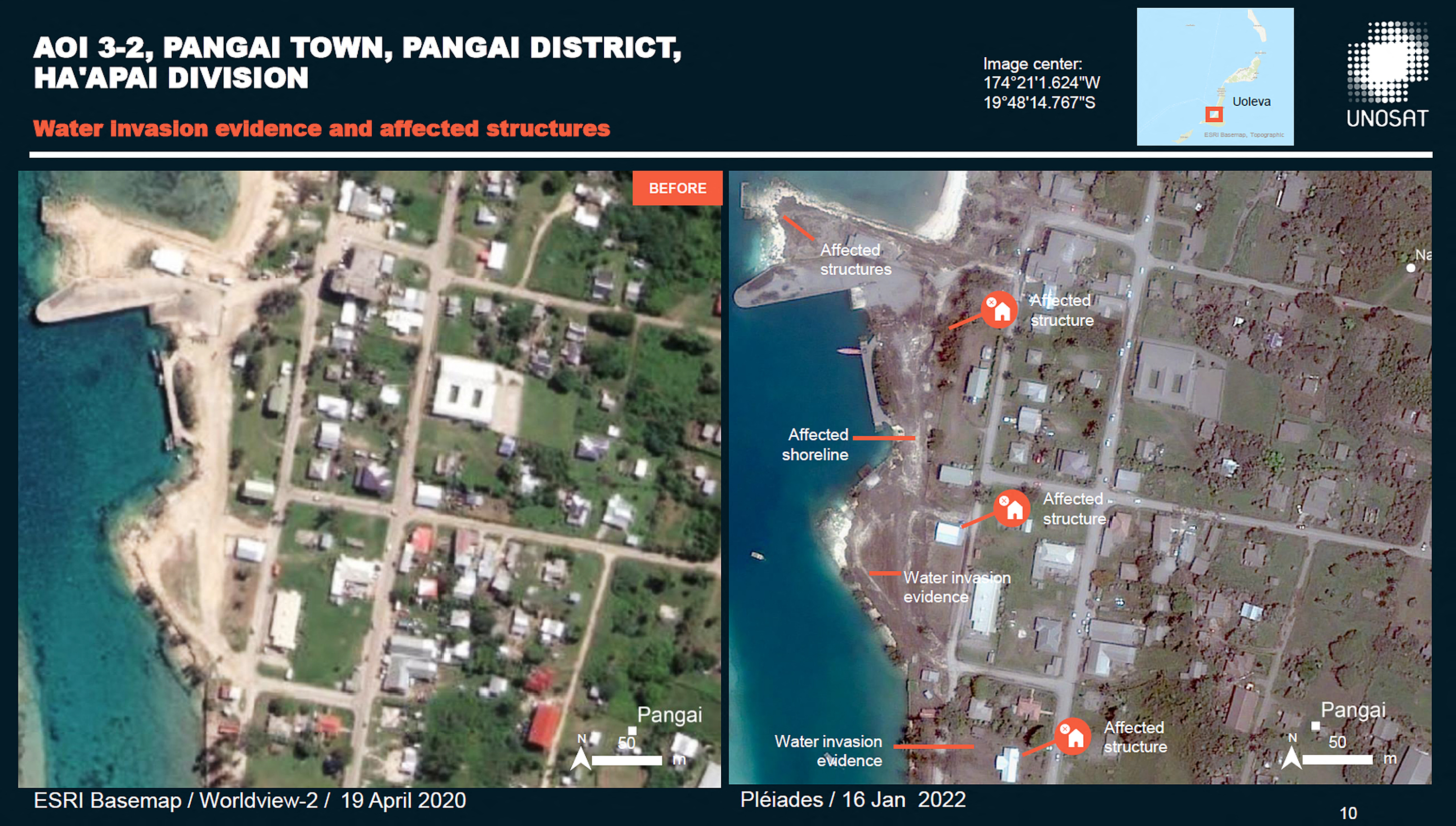 En la ciudad de Pangai hay evidencia de invasión de agua y edificios destruidos (AFP/ UNITAR / CNES/AIRBUS DS / ESRI BASEMAP)