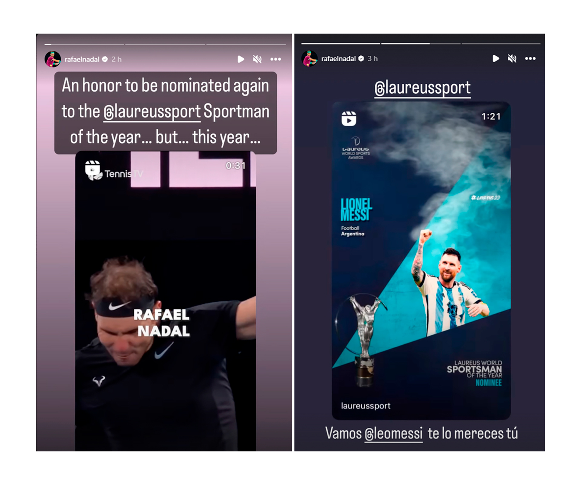 La reacción de Rafael Nadal al enterarse que Lionel Messi compartía la nómina de los premios Laureus con él (Instagram)