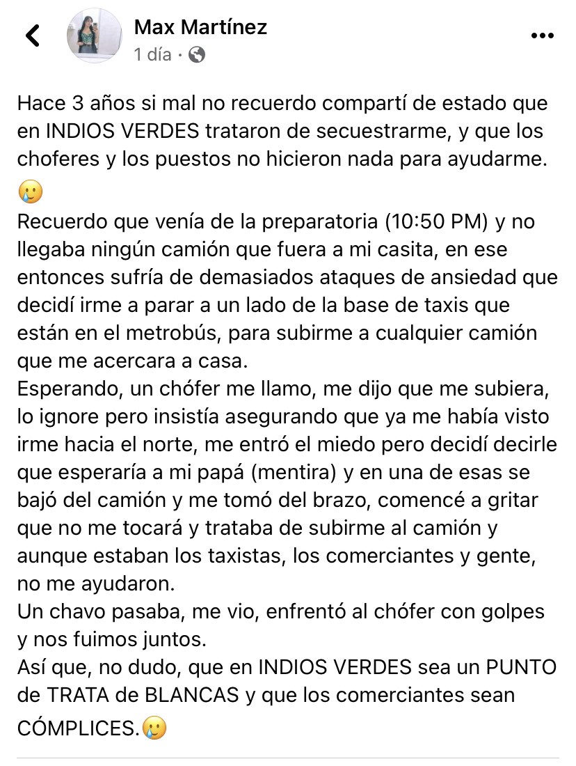 En redes sociales circularon testimonios de intentos de secuestro en el paradero de Indios Verdes (Captura de pantalla)