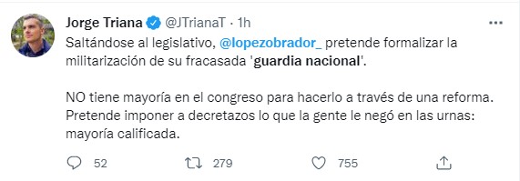Jorge Triana señaló que el jefe del Ejecutivo quiere militarizar el país “saltándose al legislativo” (Foto: Twitter/@JTrianaT)