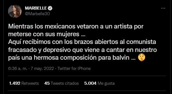 A través de Twitter, Marbelle criticó a Residente y su posible concierto en Colombia.
FOTO: Vía Twitter (marbelle30)
