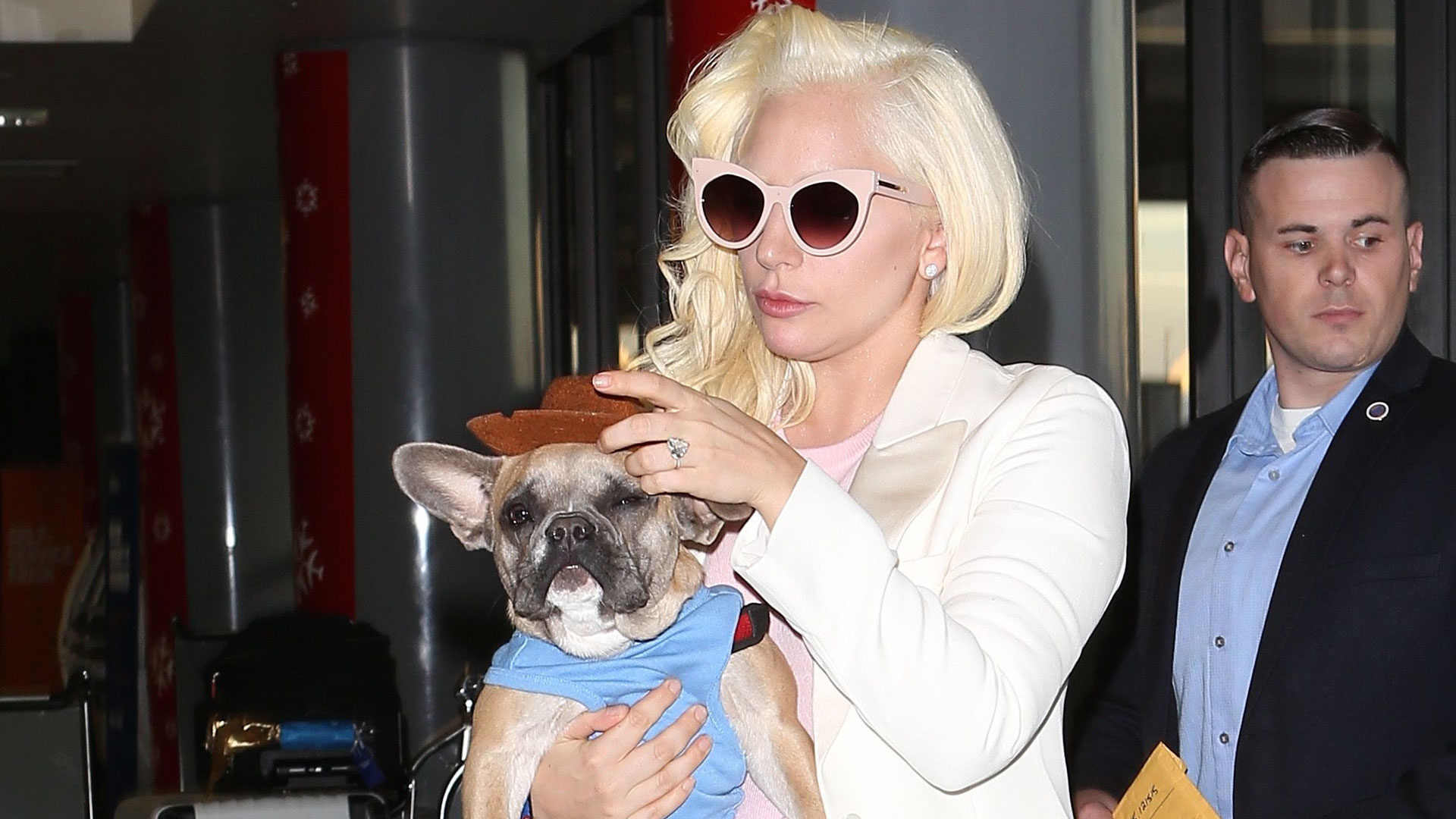 Lady Gaga leaves Los Angeles with one of her dogs.  Photo © 2015 X17/The Grosby Group