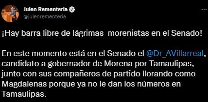 Julen Rementería mostró molestia por la visita de Américo Villarreal al Senado (Foto: Twitter/@julenrementeria)