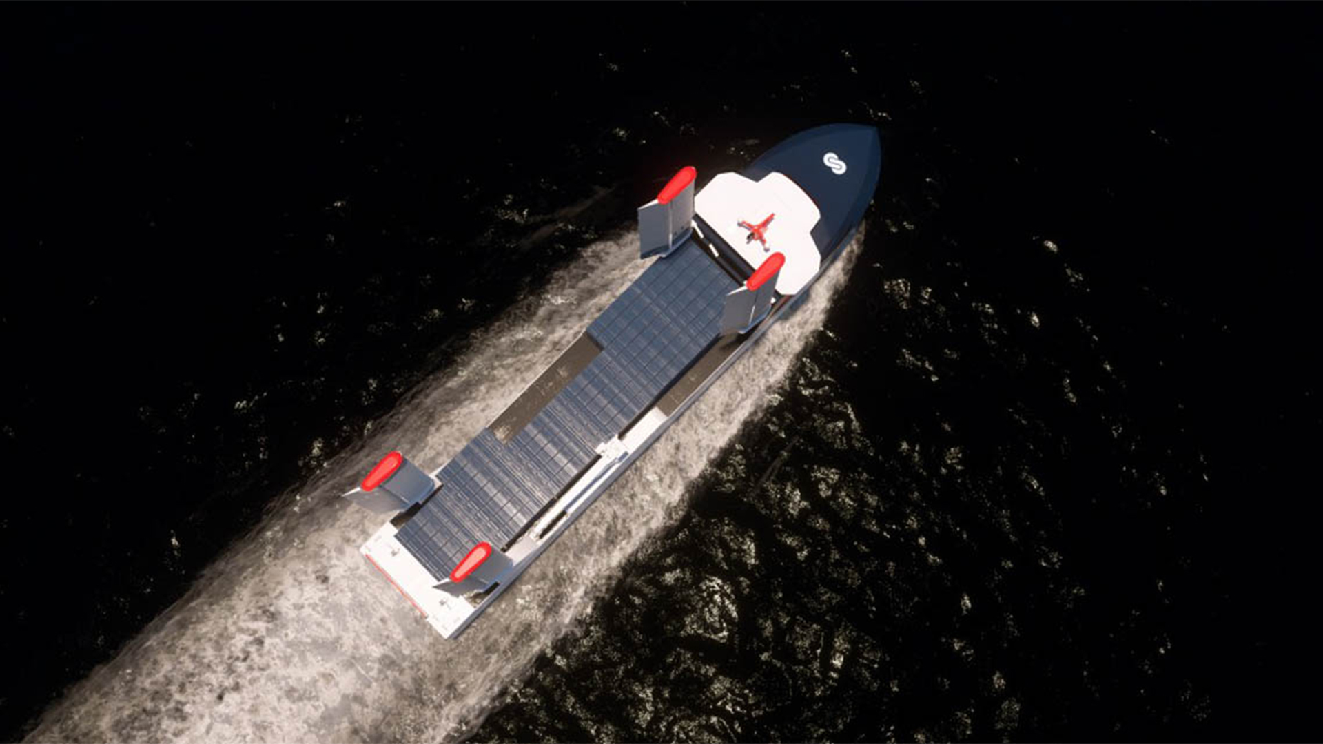La vista aérea permite apreciar la gran superficie de paneles solares de la cubierta del buque