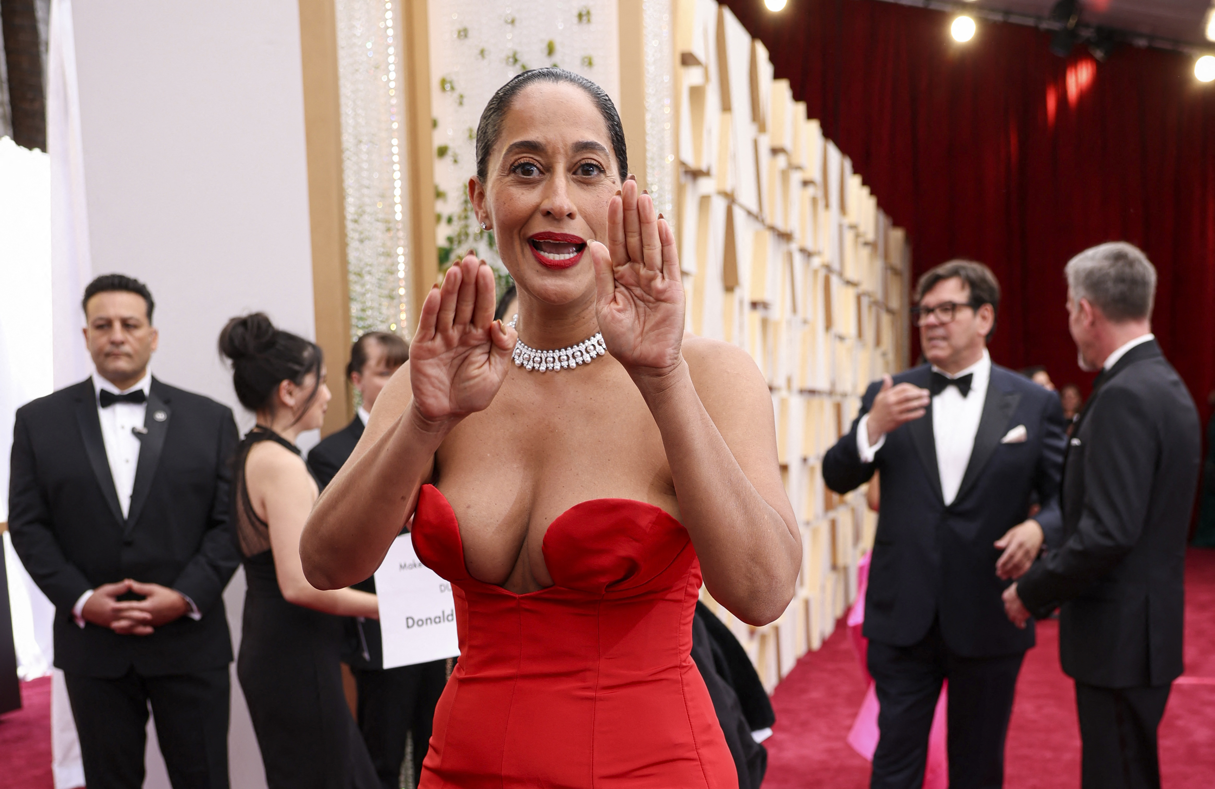 Tracee Ellis Ross poses on the red carpet during the Oscars arrivals at the...