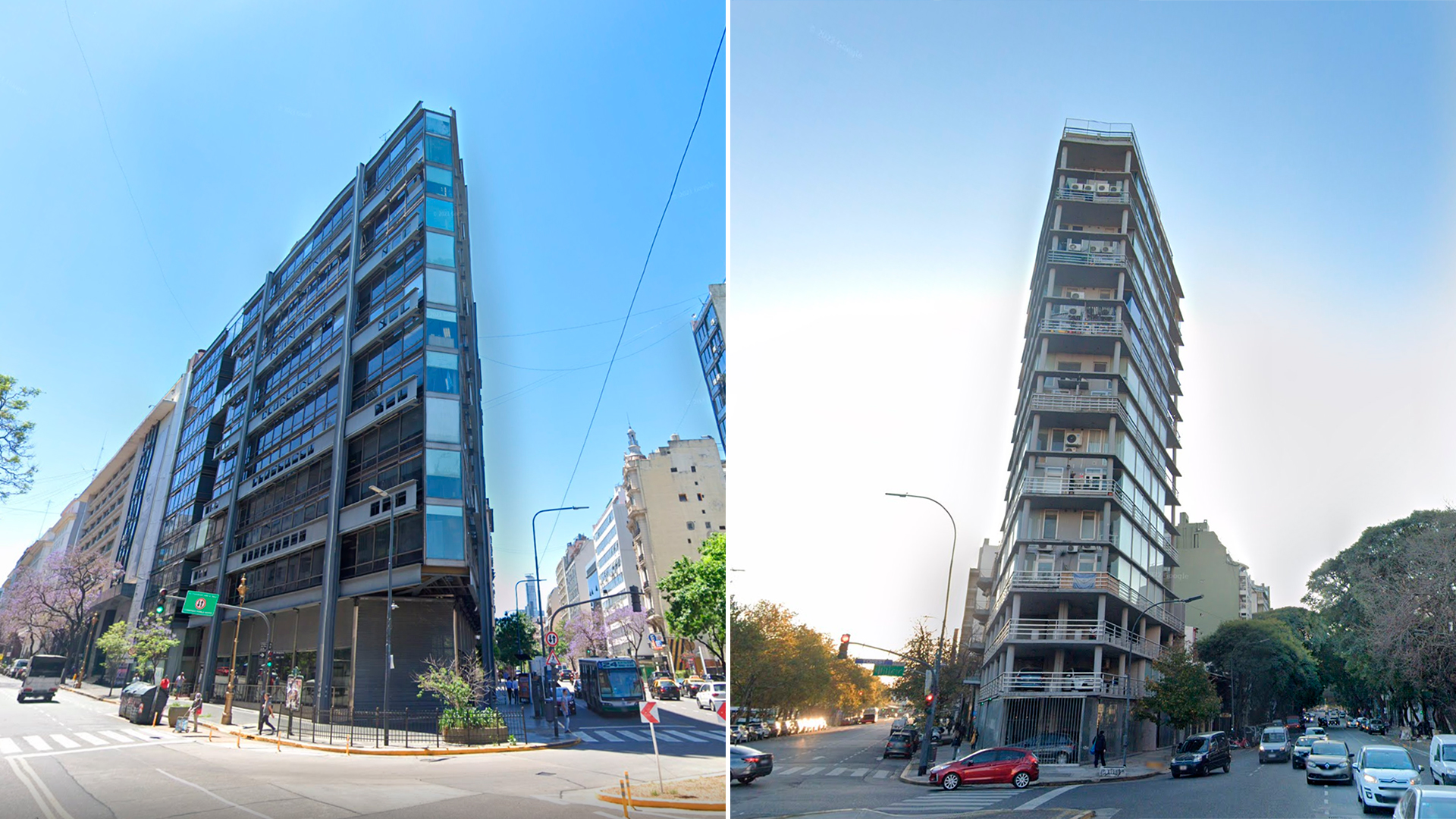 A la izquierda el edificio SOMISA, ubicado sobre Julio Argentino Roca al 700, en la Diagonal Sur, en Monserrat, y a la derecha, un inmueble sobre la Avenida Corrientes y Avenida Jorge Newbery, en Chacarita
