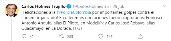 Momento en que el ministro de defensa, Carlos Holmes Trujillo, confirmó la captura de Guacamayo, a través de twitter. Foto: Twitter Carlos Holmes Trujillo.