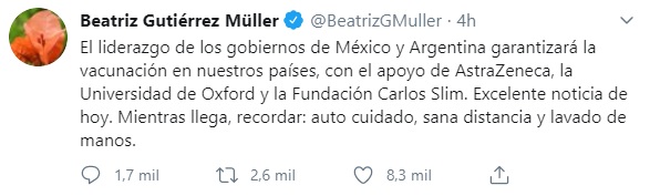 La escritora Beatriz Gutiérrez reconoció la labor que realizarán México y Argentina en la manufactura de la vacuna contra coronavirus (Foto: Twitter@BeatrizGMuller)