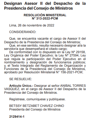 Aníbal Torres es designado asesor de la PCM.