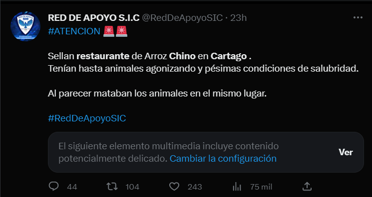 The Cartago Health Secretariat closed a Chinese rice restaurant due to poor hygiene conditions.  @RedDeApoyoSIC.  Twitter
