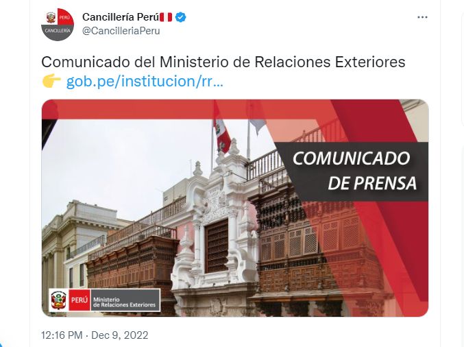 Cancillería peruana publicó el comunicado en sus redes sociales. (Twitter)
