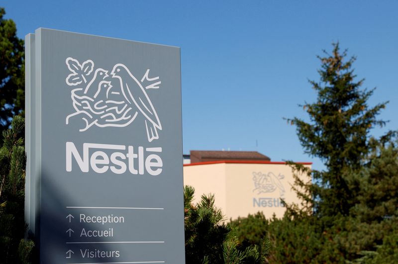FILE PHOTO: The logo at the Nestle research center at Vers-chez-les-Blanc in Lausanne, Switzerland August 20, 2020. REUTERS/Denis Balibouse