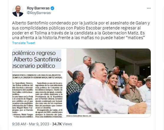 La aparición de Santofimio provocó el rechazo de Roy Barreras y Juan Manuel Galán. Twitter