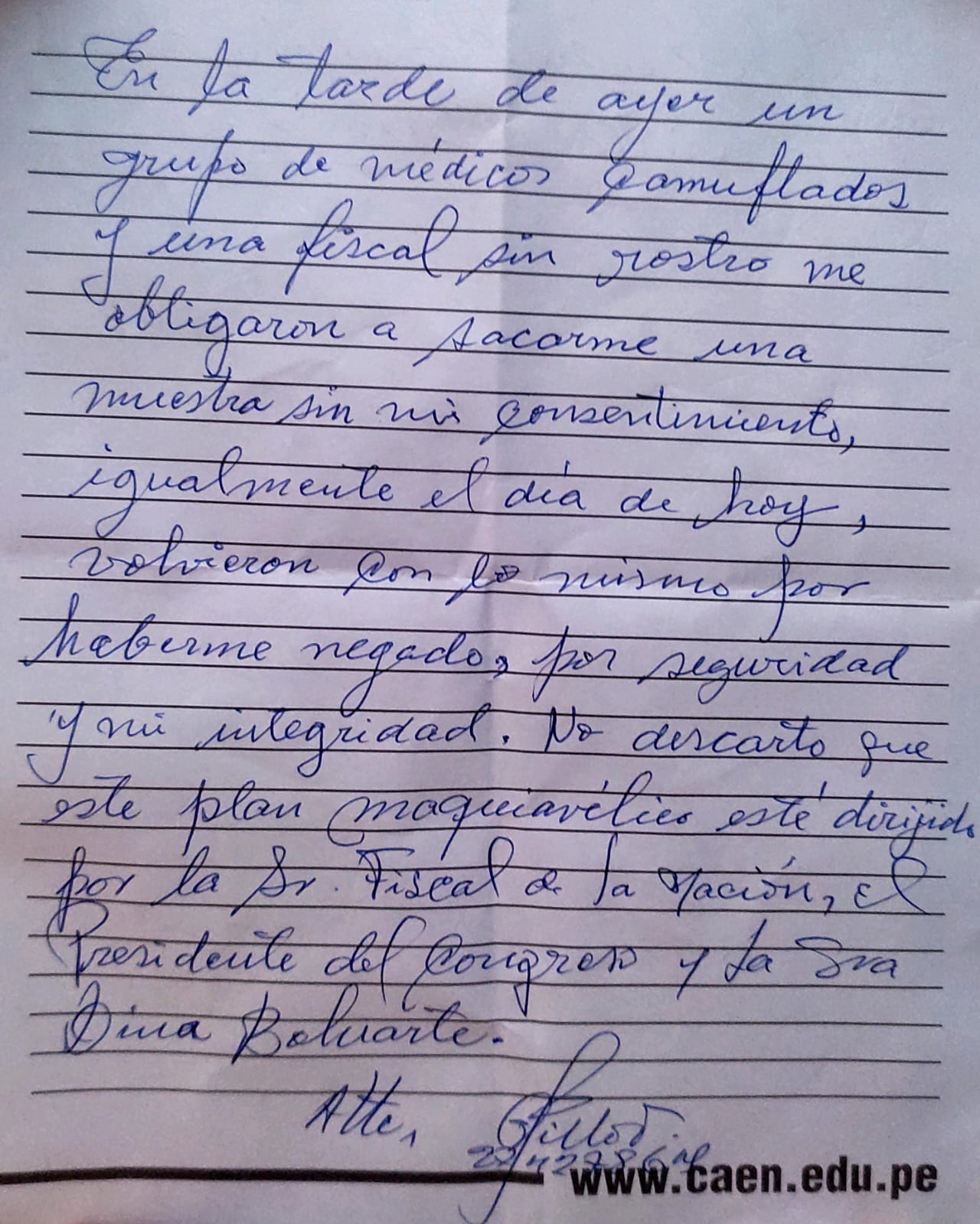 Carta escrita a puño y letra por Pedro Castillo.