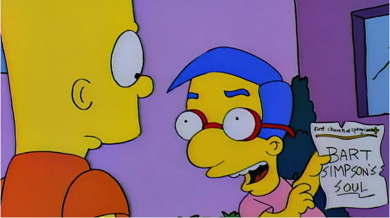 La historia remite al episodio en el que Bart Simpson vende su alma a Milhouse