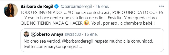 "Todo es inventado", aseguró (Foto: Twitter @barbaraderegil)