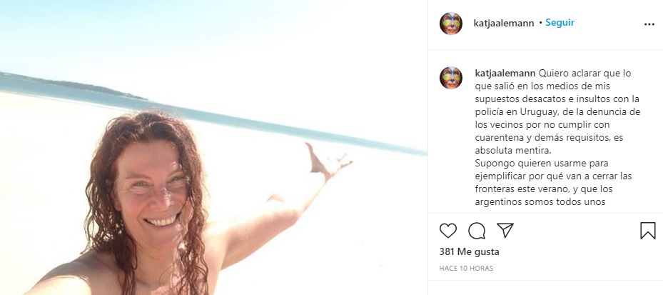 El descargo de la actriz argentina en su cuenta de Instagram (@Katjaalemann)
