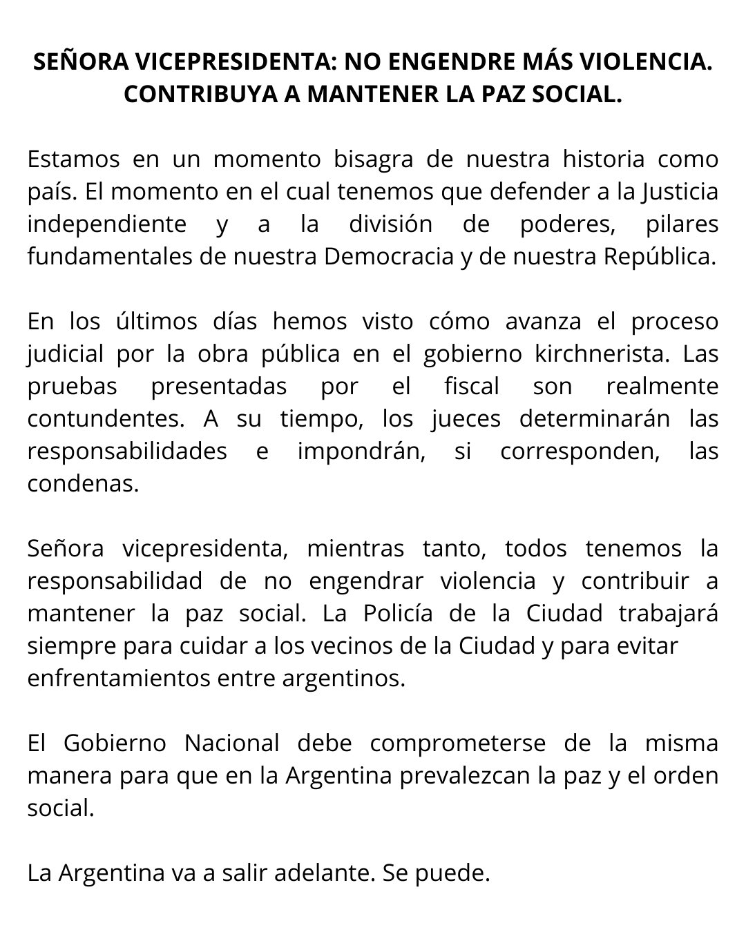 El comunicado del jefe de Gobierno porteño 