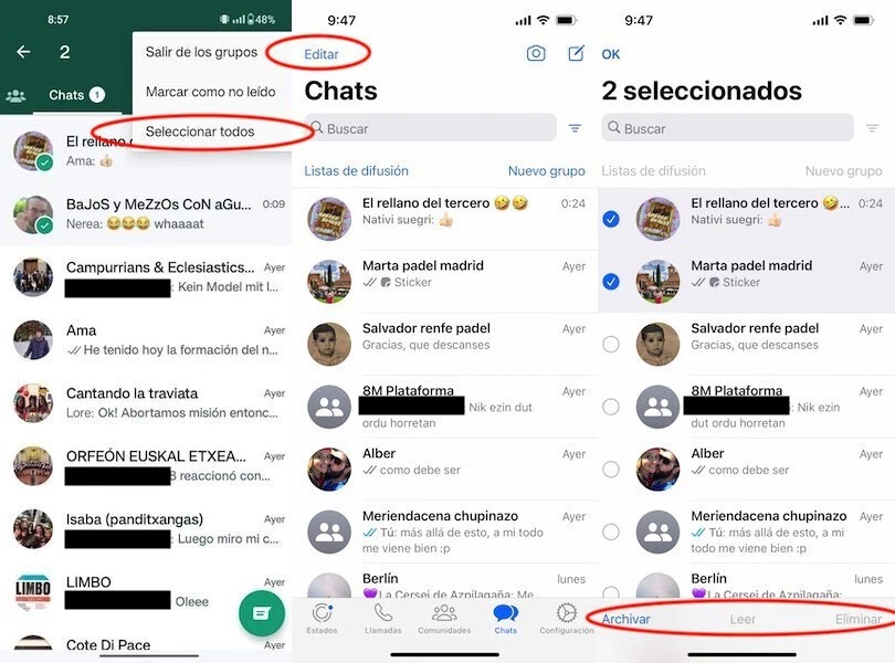 Los celulares Android permiten que WhatsApp seleccione todas las conversaciones al mismo tiempo con un solo botón. (Xataka)