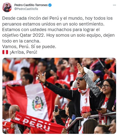 Presidente Castillo envía mensaje de aliento a Perú previo al repechaje ante Australia