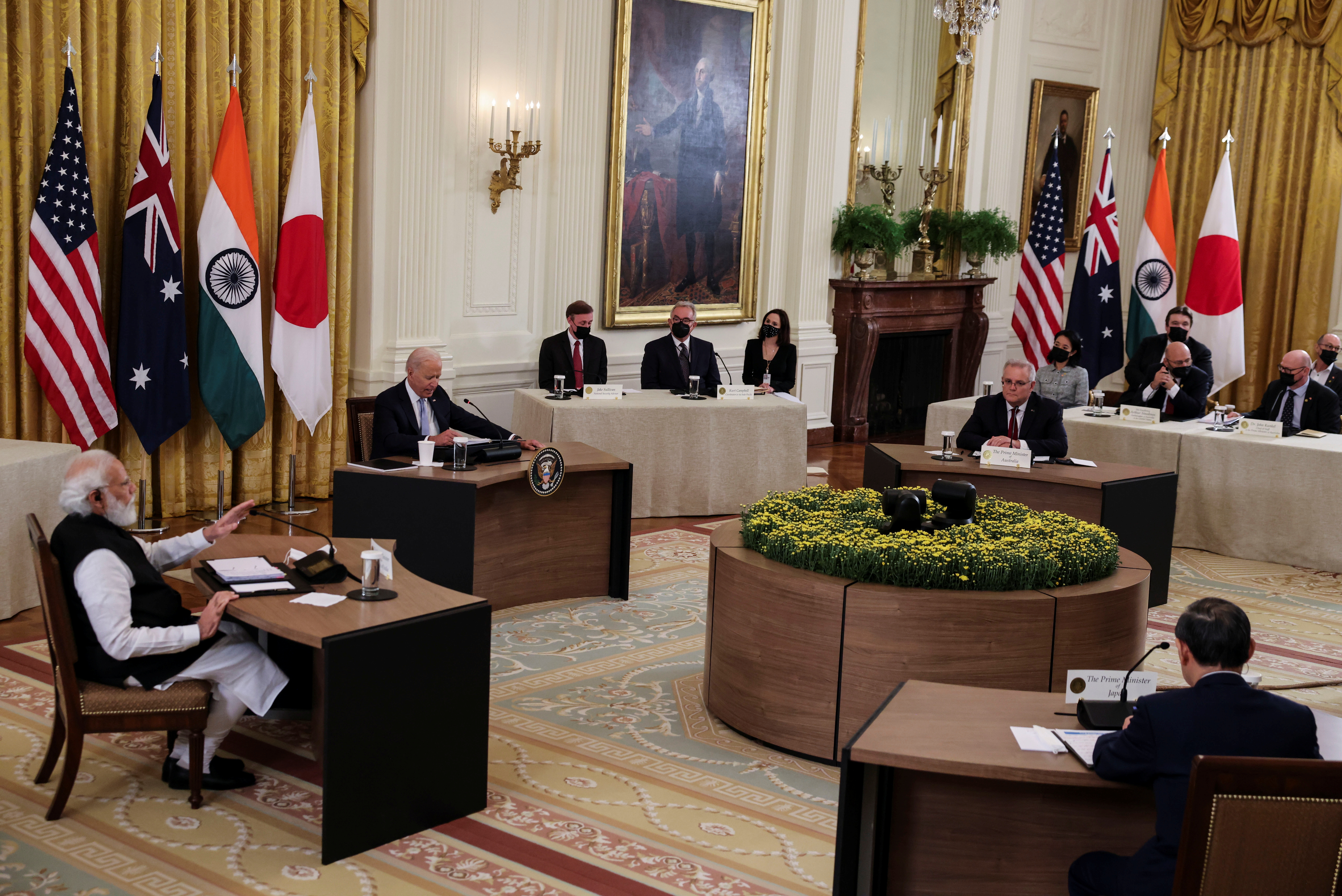 El primer ministro indio, Narendra Modi, el presidente de EEUU, Joe Biden, el primer ministro australiano, Scott Morrison y el primer ministro de Japón, Yoshihide Suga (Foto: REUTERS/Evelyn Hockstein)
