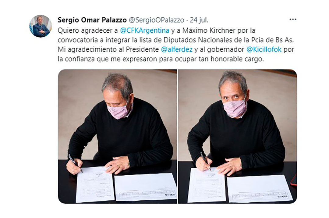 Sergio Palazzo agradeció en Twitter su candidatura a diputado