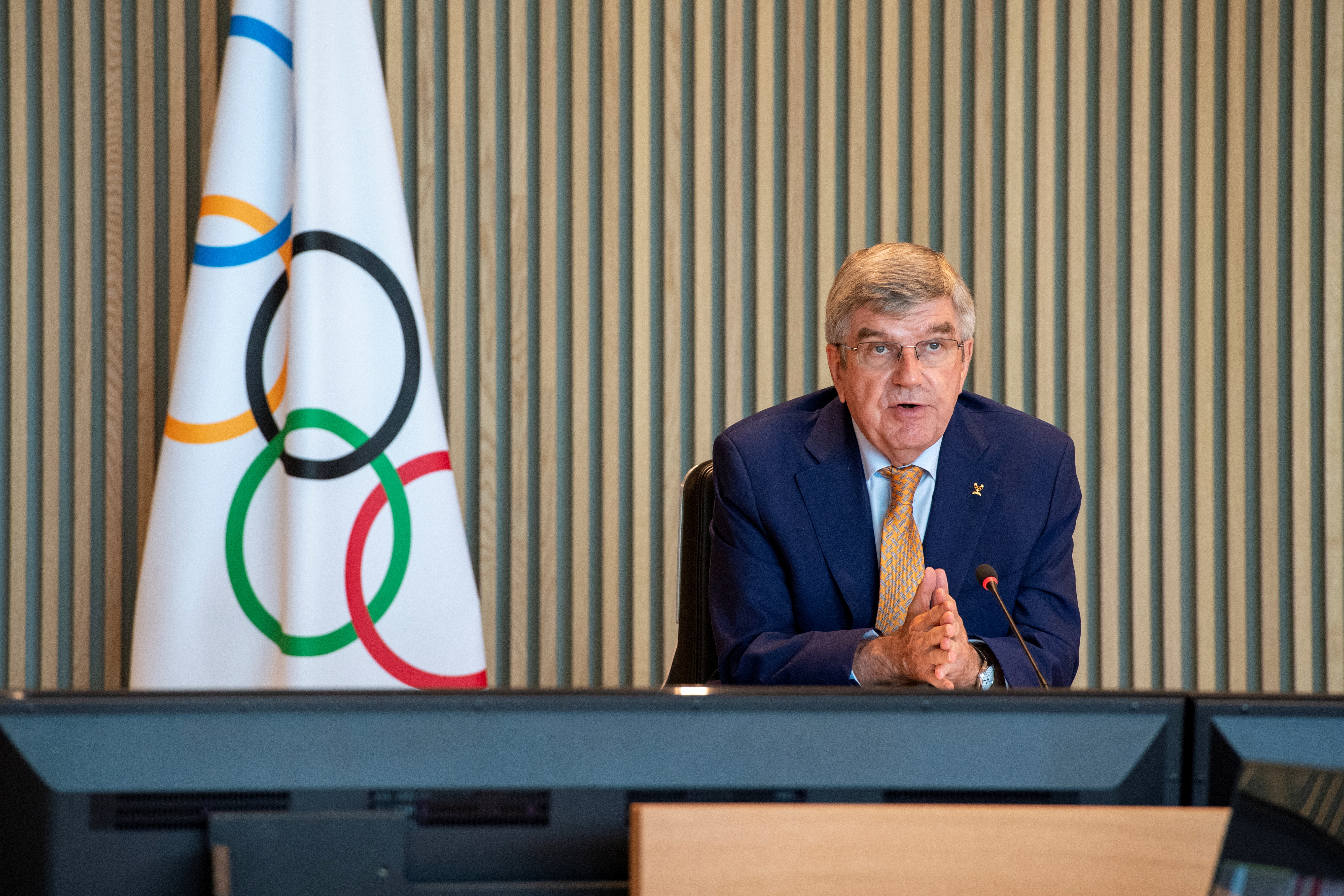 International Olympic Committee (IOC) President Thomas Bach attends the Executive Board virtual meeting at the Olympic House in Lausanne, Switzerland, September 8, 2021. Philippe Woods/IOC/Handout via REUTERS THIS IMAGE HAS BEEN SUPPLIED BY A THIRD PARTY. NO RESALES. NO ARCHIVES