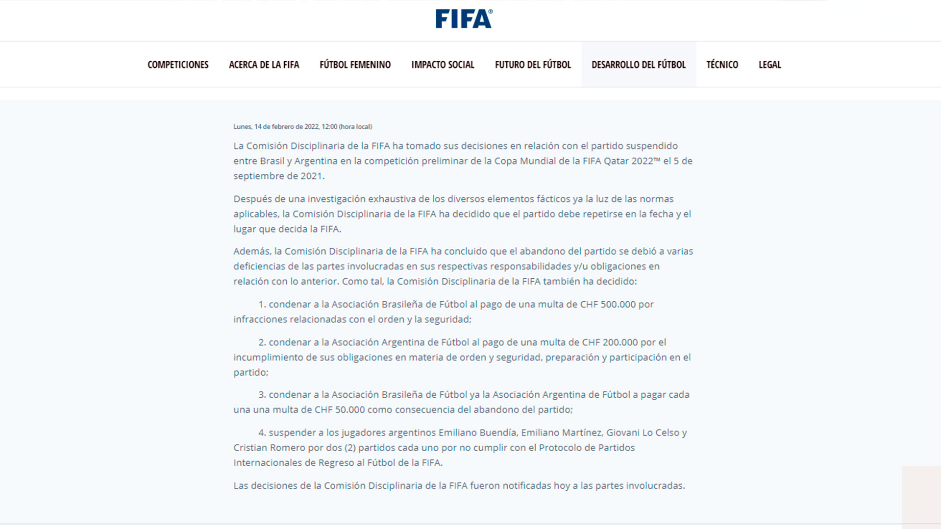 El comunicado de FIFA sobre el partido entre Argentina y Brasil